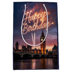 London Cityscape Birthday Greeting with Fireworks Medium Gift Bag