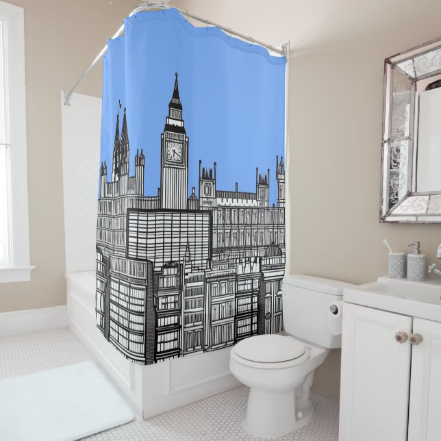 London Cityscape in Black and White with Blue Sky Shower Curtain (In Situ)
