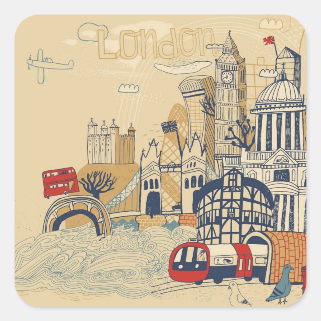 London Doodle Scene Square Sticker (Front)