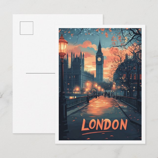 London England Art Vintage Illustration Travel Postcard (Front/Back)