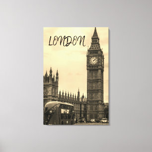 London England Big Ben Vintage Black White Red Bus Canvas Print