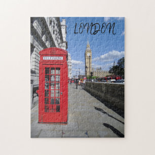 London England Big Ben Vintage Black White Red Bus Jigsaw Puzzle