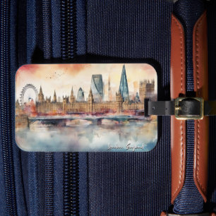 London England City Silhouette Watercolor Painting Luggage Tag