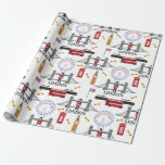 London England Queens Guard English Pattern Wrappi Wrapping Paper<br><div class="desc">London,  England pattern with English elements such as phone booth,  double decker bus,  London Bridge,  the London Ferris Wheel and more tea towel design.  
 Composite design by Holiday Hearts Designs (rights reserved).</div>