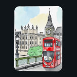 London England Red Bus Vintage Travel Magnet<br><div class="desc">Capture the spirit of London with this beautifully illustrated vintage-style magnet. Featuring a classic red double-decker bus passing the iconic Big Ben and the historic Houses of Parliament,  this magnet blends nostalgic charm with the energy of city life. A perfect souvenir or gift for Anglophiles and travel lovers.</div>