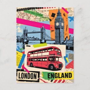London England Retro Pop Art Vintage Bus Travel Postcard