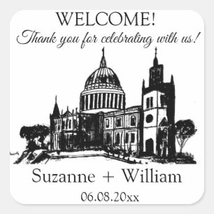 London England skyline Black White Favours Wedding Square Sticker