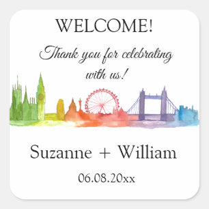London England skyline Colourful Favours Weddings Square Sticker