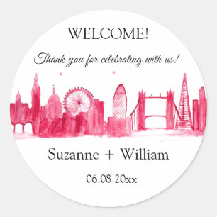 London England skyline Pink Favours Weddings Classic Round Sticker