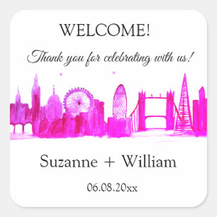 London England skyline Pink Favours Weddings Squar Square Sticker