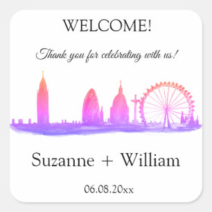London England skyline Pink Favours Weddings Square Sticker
