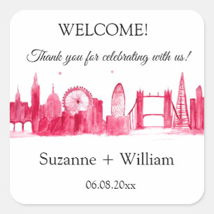 London England skyline Pink Favours Weddings Square Sticker