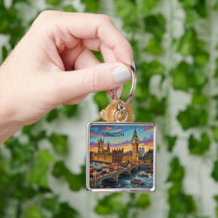 London England Travel Art Vintage Key Ring