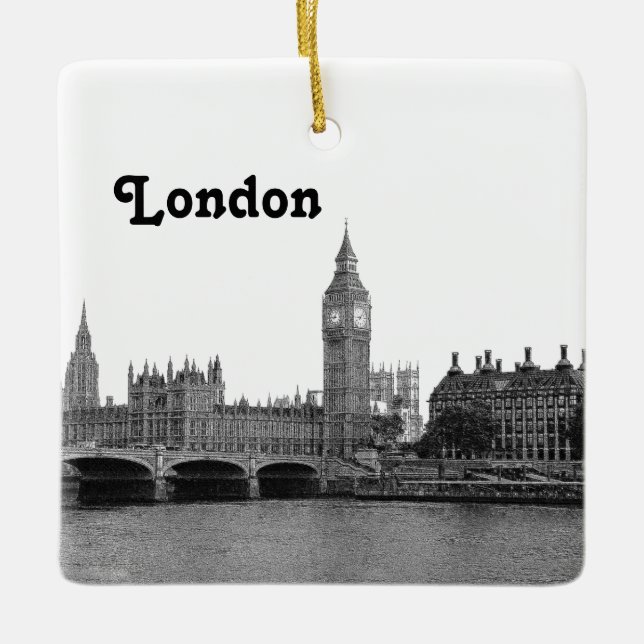 London England UK Skyline Etched Ceramic Tree Decoration (Front)