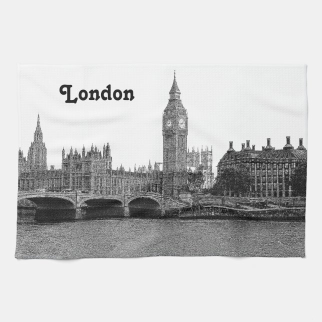 London England UK Skyline Etched Tea Towel (Horizontal)