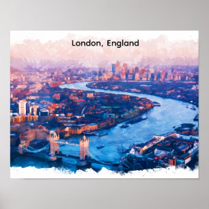 London England Watercolor Aerial Cityscape Poster