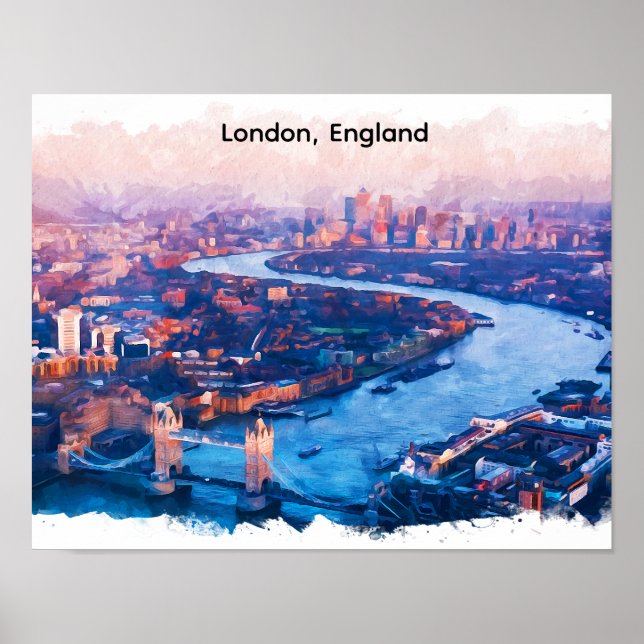 London England Watercolor Aerial Cityscape Poster (Front)