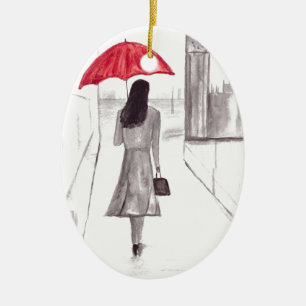London girl with red umbrella ceramic tree decoration