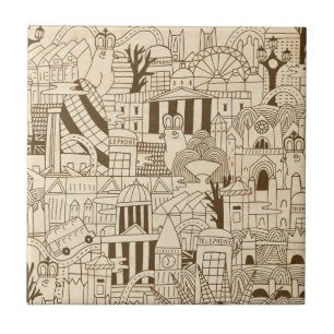 London Hand Drawn on Old Paper Tile