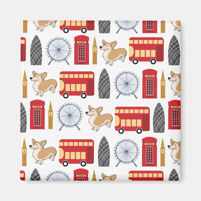 London Icon and Corgi Collage Pattern Magnet (Front)