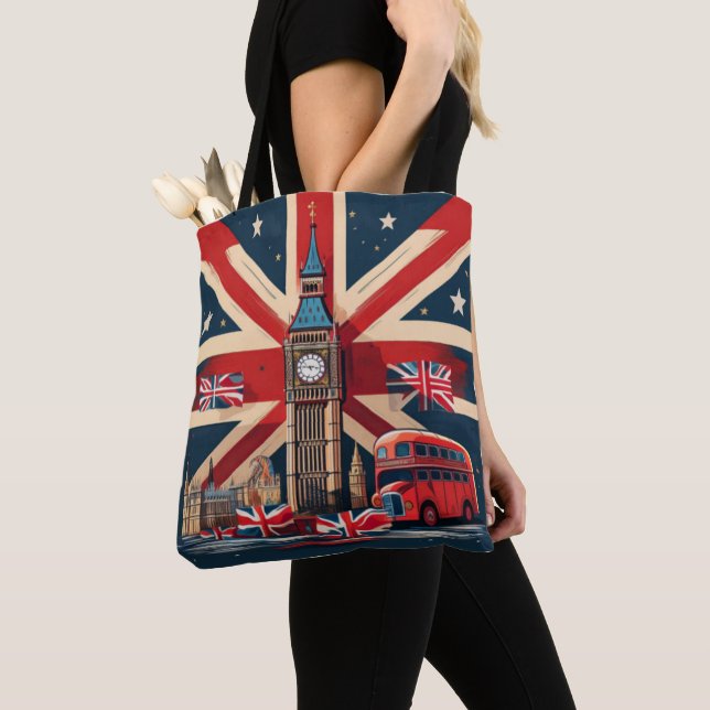 London Icons with Union Jack and Big Ben Tote Bag (Close Up)