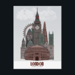 London in Clouds Red and Green Postcard<br><div class="desc">London in Clouds Red and Green by Fab Funky.  Features famous landmarks of London in a dark red and green colour scheme.</div>