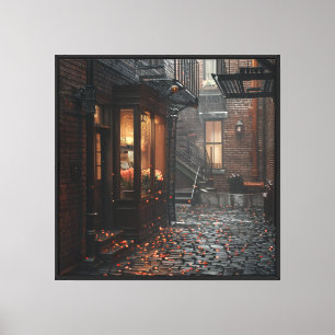 London Inspired Rainy Brick Alley Flower Shop Wall Canvas Print