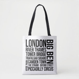 London Landmarks Typography - England Word Art Tote Bag