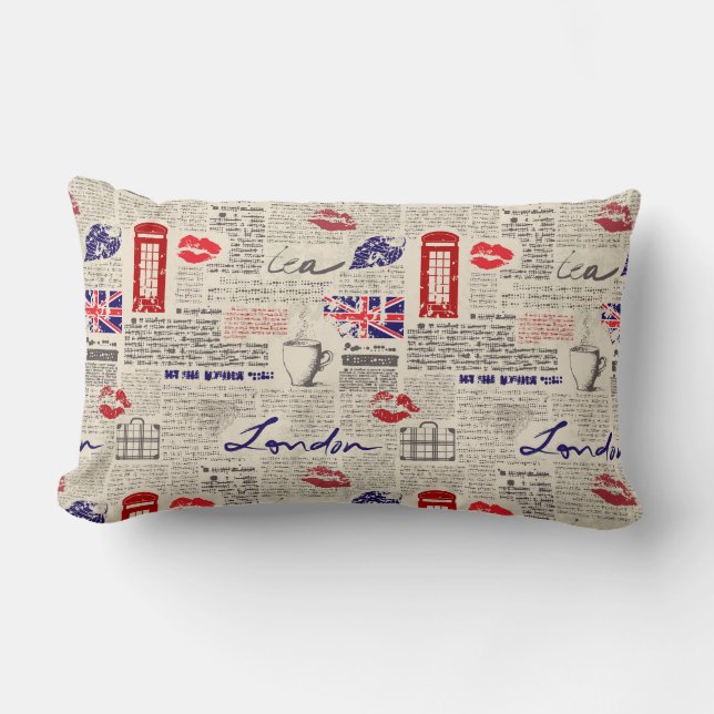 London Newspaper Pattern Lumbar Cushion (Front)