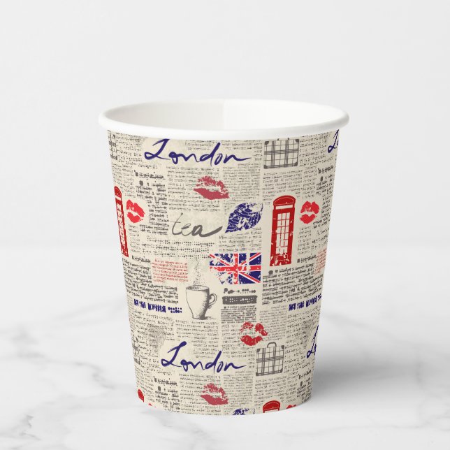 London Newspaper Pattern Paper Cups (Left)