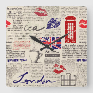 London Newspaper Pattern Square Wall Clock