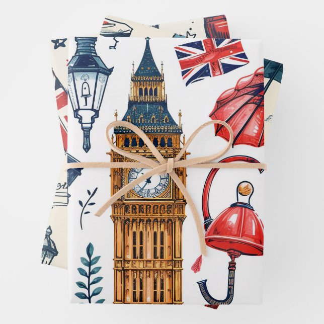 London Pattern  Big Ben London Bus Union Jack Flag Wrapping Paper Sheet (In situ)