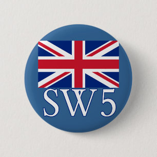 London Postcode SW5 with Union Jack 6 Cm Round Badge