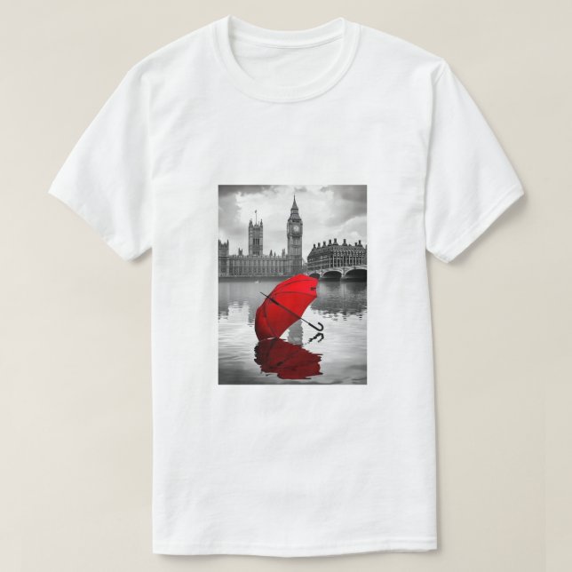 London Rain: Red Umbrella by the Thames T-Shirt (Design Front)