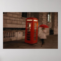 London - Rainy Day Red Phone Box / Umbrella Poster