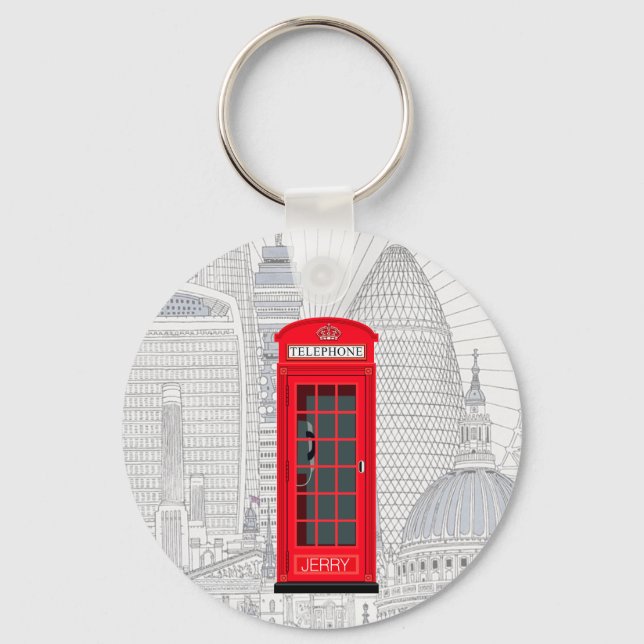 London Red Phone Booth Skyline with Custom Name Key Ring (Front)