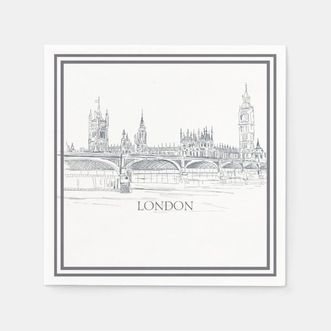 London Skyline and Big Ben and Tower Bridge Sketch Napkin (Front)