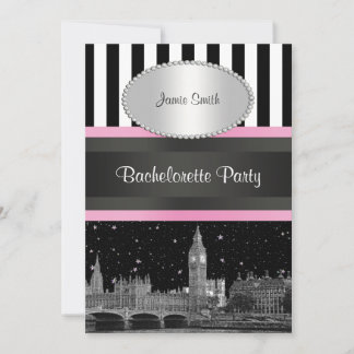 London Skyline BW Blk Wht Strp Pink Bachelorette Invitation