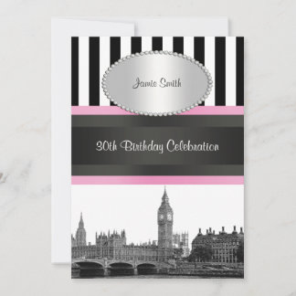 London Skyline BW Blk Wht Strp Pink Birthday Pty Invitation
