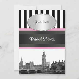 London Skyline BW Blk Wht Strp Pink Bridal Shwr Invitation