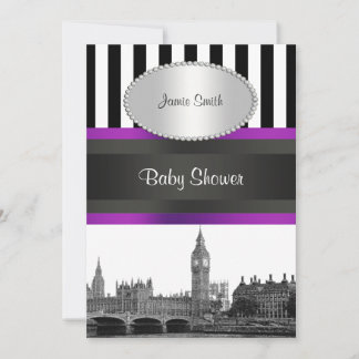 London Skyline BW Blk Wht Strp Purple Baby Shower Invitation