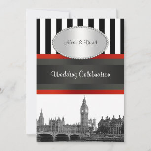 London Skyline BW Blk Wht Strp Red P Wedding Invitation