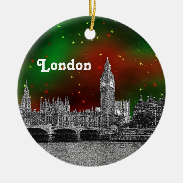 London Skyline Etched, Green Red Starry Sky Xmas Ceramic Tree Decoration (Front)