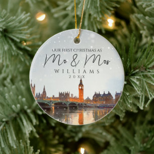 London Skyline First Christmas As Mr & Mrs Photo Ceramic Tree Decoration