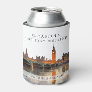 London Skyline Watercolor Birthday Weekend Can Cooler