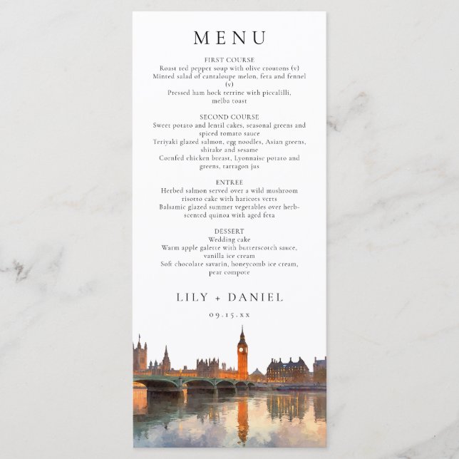 London Skyline Watercolor Elegant Wedding Menu (Front)