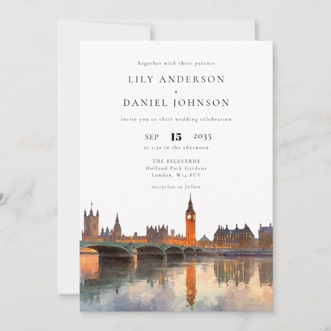 London Skyline Watercolor QR Code Wedding Invitation (Front)