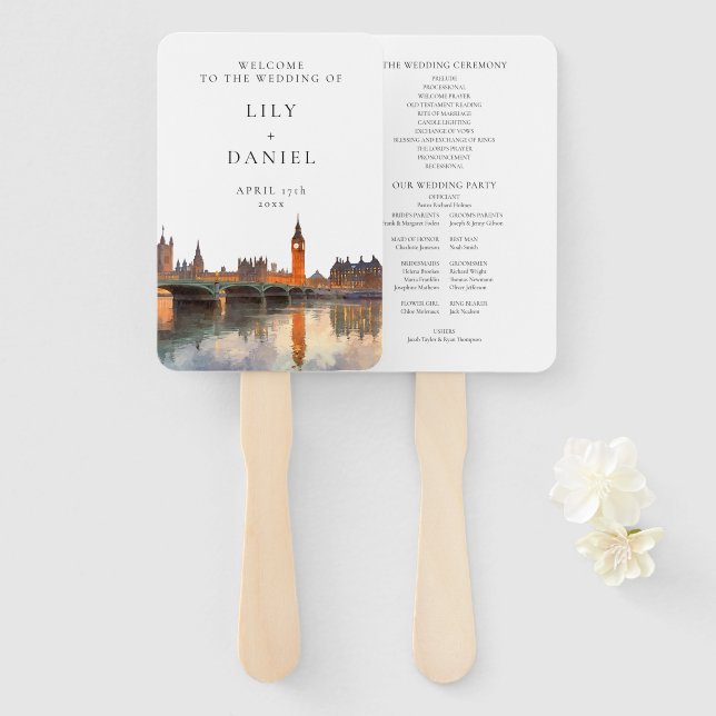 London Skyline Watercolor Wedding Program Hand Fan (Front and Back)