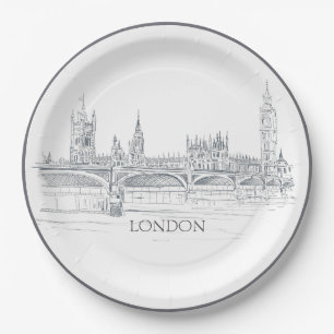 London Skyline With Big Ben Blue Ink Sketch Paper Plate