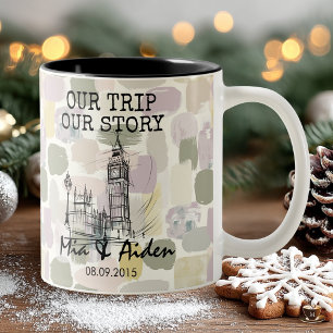 London skyline with pastel brushstroke background Two-Tone coffee mug